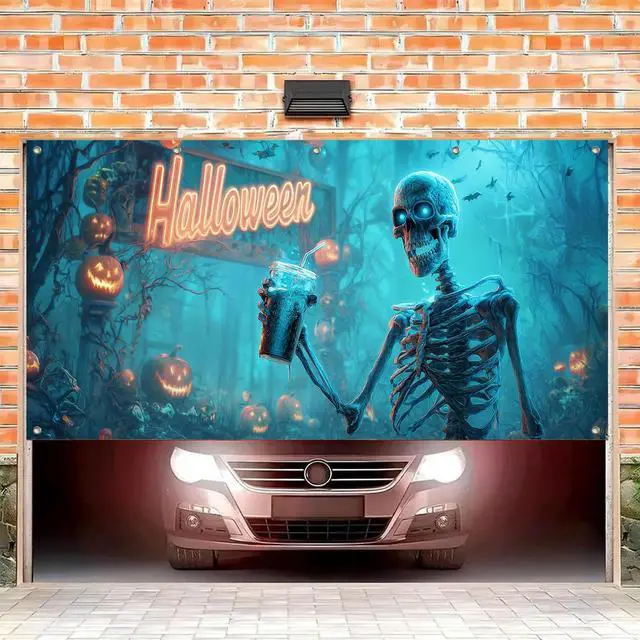 Alt view image 2 of 6 - Halloween Skeleton Garage Door Cover 13x6ft Polyester | grim reaperPolyester, funny skeleton drinking beverage design Garage Door Cover for casual Halloween decor, fun parties yard