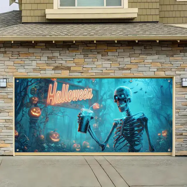Alt view image 5 of 6 - Halloween Skeleton Garage Door Cover 13x6ft Polyester | grim reaperPolyester, funny skeleton drinking beverage design Garage Door Cover for casual Halloween decor, fun parties yard