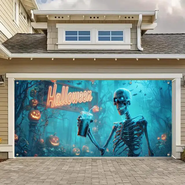 Alt view image 6 of 6 - Halloween Skeleton Garage Door Cover 13x6ft Polyester | grim reaperPolyester, funny skeleton drinking beverage design Garage Door Cover for casual Halloween decor, fun parties yard