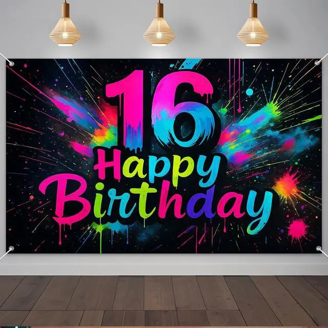 Main image of Neon 16th Birthday Banner 71x43 Inch Colorful Graffiti | Polyester Neon 16th Birthday Colorful Graffiti Happy design for birthday party wall display and photo booth celebration decor