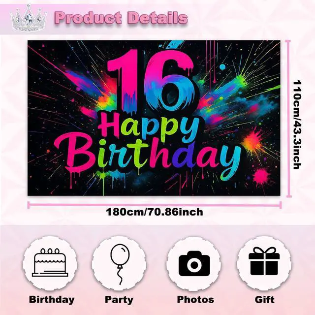 Alt view image 3 of 6 - Neon 16th Birthday Banner 71x43 Inch Colorful Graffiti | Polyester Neon 16th Birthday Colorful Graffiti Happy design for birthday party wall display and photo booth celebration decor