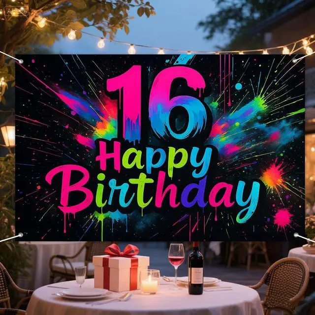Alt view image 2 of 6 - Neon 16th Birthday Banner 71x43 Inch Colorful Graffiti | Polyester Neon 16th Birthday Colorful Graffiti Happy design for birthday party wall display and photo booth celebration decor