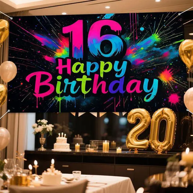 Alt view image 4 of 6 - Neon 16th Birthday Banner 71x43 Inch Colorful Graffiti | Polyester Neon 16th Birthday Colorful Graffiti Happy design for birthday party wall display and photo booth celebration decor