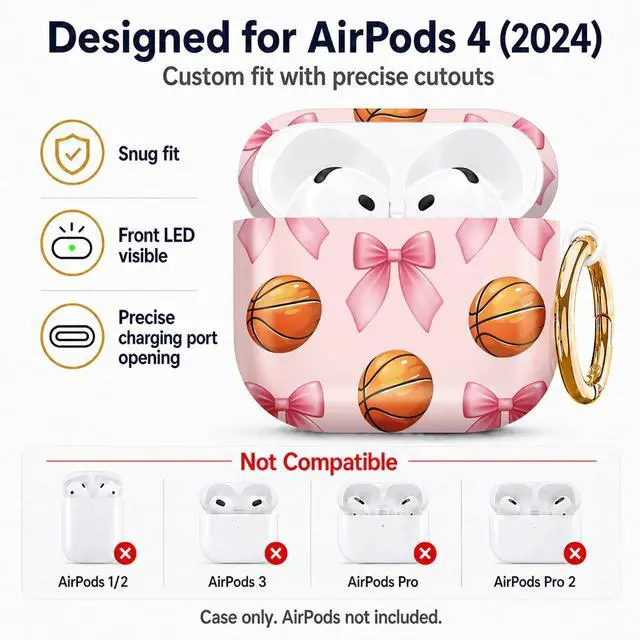 Alt view image 2 of 6 - Compatiable with AirPod 4 Protective Case 2024, Soft Protective Case with Keychain for Women,Cute& Sleek Design Shockproof Charging Case Cover for AirPod 4(Pink Bow Basketball)