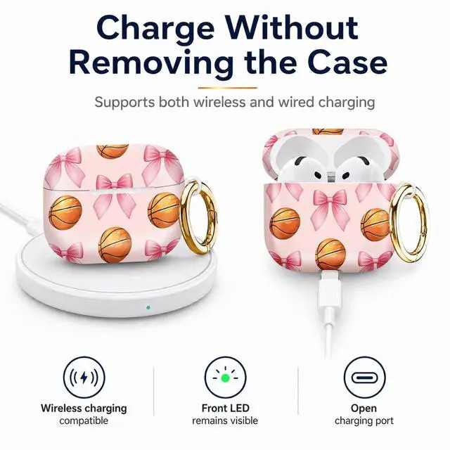Alt view image 4 of 6 - Compatiable with AirPod 4 Protective Case 2024, Soft Protective Case with Keychain for Women,Cute& Sleek Design Shockproof Charging Case Cover for AirPod 4(Pink Bow Basketball)
