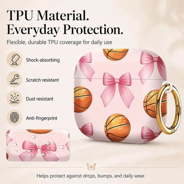 Alt view image 3 of 6 - Compatiable with AirPod 4 Protective Case 2024, Soft Protective Case with Keychain for Women,Cute& Sleek Design Shockproof Charging Case Cover for AirPod 4(Pink Bow Basketball)