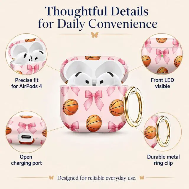 Alt view image 5 of 6 - Compatiable with AirPod 4 Protective Case 2024, Soft Protective Case with Keychain for Women,Cute& Sleek Design Shockproof Charging Case Cover for AirPod 4(Pink Bow Basketball)