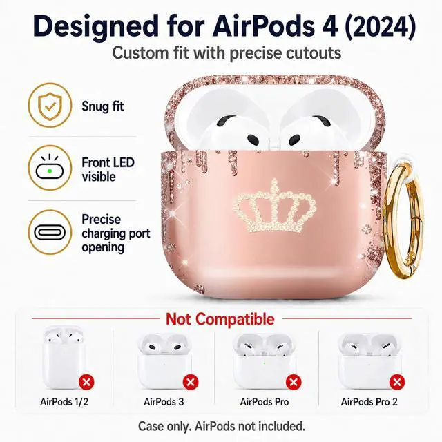 Alt view image 2 of 6 - Compatiable with AirPod 4 Protective Case 2024, Soft Protective Case with Keychain for Women,Cute& Sleek Design Shockproof Charging Case Cover for AirPod 4(Glitter Crown Card Drip)