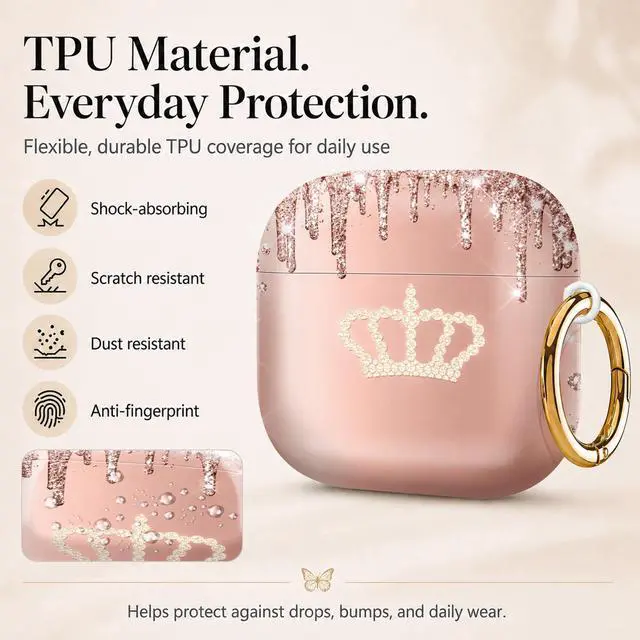 Alt view image 3 of 6 - Compatiable with AirPod 4 Protective Case 2024, Soft Protective Case with Keychain for Women,Cute& Sleek Design Shockproof Charging Case Cover for AirPod 4(Glitter Crown Card Drip)