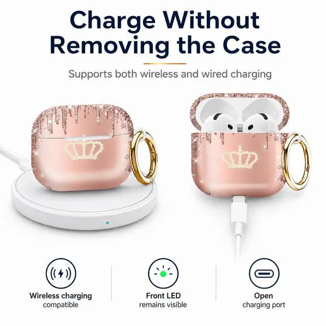 Alt view image 4 of 6 - Compatiable with AirPod 4 Protective Case 2024, Soft Protective Case with Keychain for Women,Cute& Sleek Design Shockproof Charging Case Cover for AirPod 4(Glitter Crown Card Drip)
