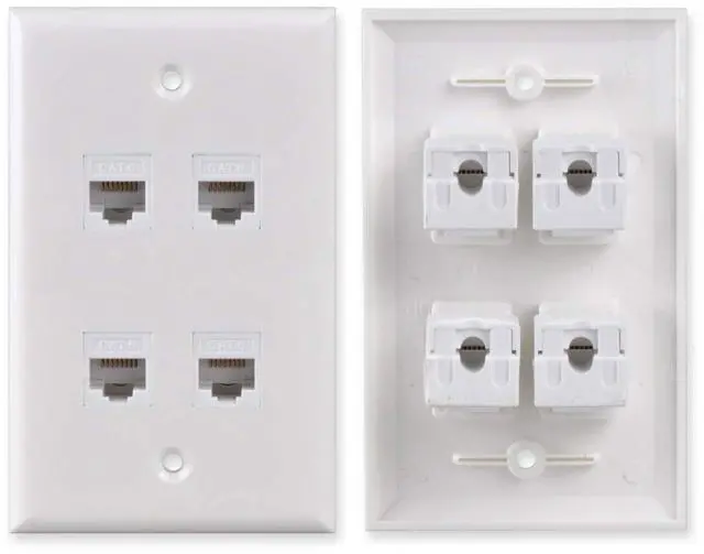Main image of 4-Port CAT 6 Ethernet Wall Plate, RJ45 Ethernet Punch Down Keystone Inserts Jack Network Wall Plate Panel - Cat6/5/5e Compatible (2-Pack)
