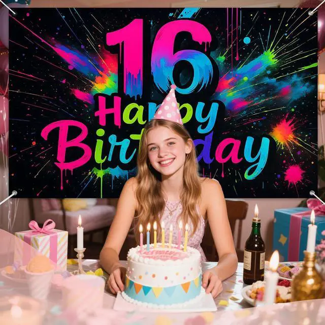 Alt view image 5 of 6 - Neon 16th Birthday Banner 71x43 Inch Colorful Graffiti | Polyester Neon 16th Birthday Colorful Graffiti Happy design for birthday party wall display and photo booth celebration decor