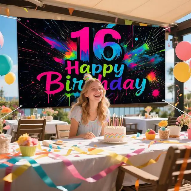 Alt view image 6 of 6 - Neon 16th Birthday Banner 71x43 Inch Colorful Graffiti | Polyester Neon 16th Birthday Colorful Graffiti Happy design for birthday party wall display and photo booth celebration decor