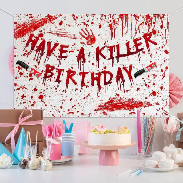 Alt view image 2 of 7 - Have a Killer Birthday Banner Backdrop Halloween Horror Murder Mystery Party Decorations Halloween Bloody Horror Movie Birthday Party Decorations Photo Studio Props Supplies 70.8x47.2in