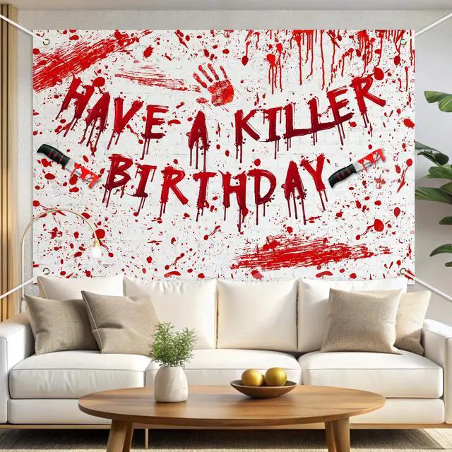 Alt view image 3 of 7 - Have a Killer Birthday Banner Backdrop Halloween Horror Murder Mystery Party Decorations Halloween Bloody Horror Movie Birthday Party Decorations Photo Studio Props Supplies 70.8x47.2in