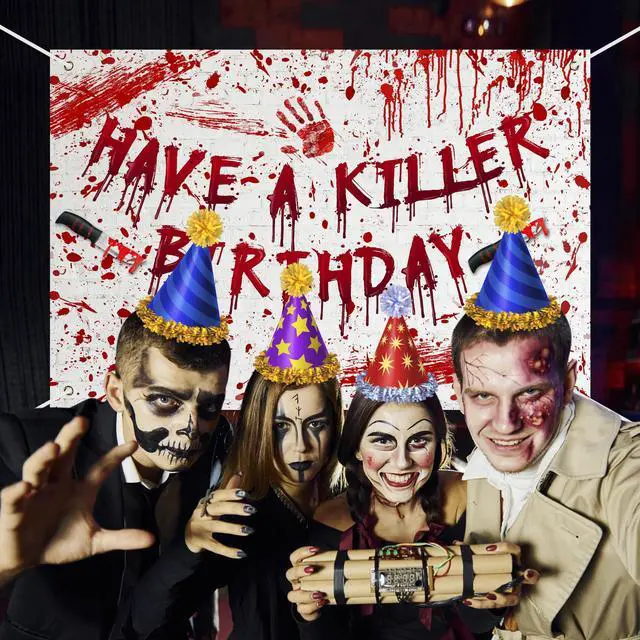 Alt view image 5 of 7 - Have a Killer Birthday Banner Backdrop Halloween Horror Murder Mystery Party Decorations Halloween Bloody Horror Movie Birthday Party Decorations Photo Studio Props Supplies 70.8x47.2in