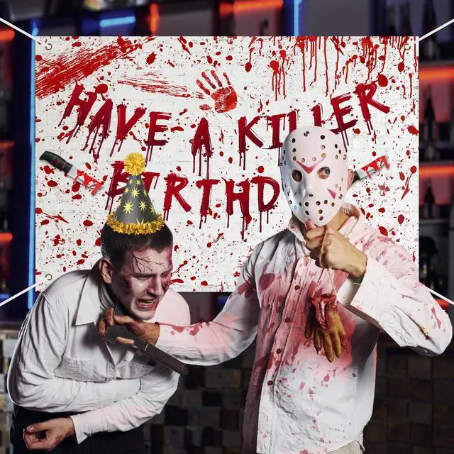 Alt view image 4 of 7 - Have a Killer Birthday Banner Backdrop Halloween Horror Murder Mystery Party Decorations Halloween Bloody Horror Movie Birthday Party Decorations Photo Studio Props Supplies 70.8x47.2in