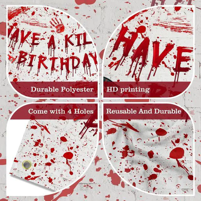 Alt view image 6 of 7 - Have a Killer Birthday Banner Backdrop Halloween Horror Murder Mystery Party Decorations Halloween Bloody Horror Movie Birthday Party Decorations Photo Studio Props Supplies 70.8x47.2in