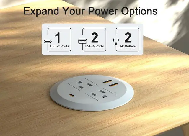 Alt view image 2 of 6 - 3-inch Desktop Power Grommet,2-Pack,GaN65W USB-C,6.3ft Cord,White | Fast Charging for Laptop,Easy Install,Flat Plug,Fits 3-1/8-in Hole,Flush Mount Desk Outlet,Home Office Essentials,ETL Listed