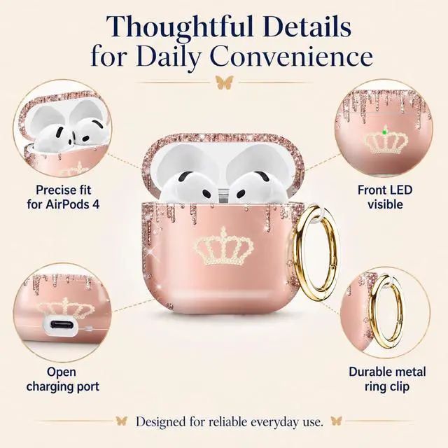 Alt view image 5 of 6 - Compatiable with AirPod 4 Protective Case 2024, Soft Protective Case with Keychain for Women,Cute& Sleek Design Shockproof Charging Case Cover for AirPod 4(Glitter Crown Card Drip)