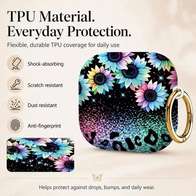 Alt view image 3 of 6 - Compatiable with AirPod 4 Protective Case 2024, Soft Protective Case with Keychain for Women,Cute& Sleek Design Shockproof Charging Case Cover for AirPod 4(Colorful Flowers Sparkle Glitter)