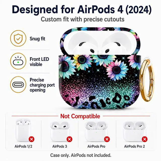 Alt view image 2 of 6 - Compatiable with AirPod 4 Protective Case 2024, Soft Protective Case with Keychain for Women,Cute& Sleek Design Shockproof Charging Case Cover for AirPod 4(Colorful Flowers Sparkle Glitter)