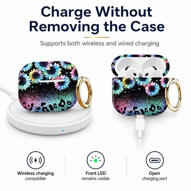 Alt view image 4 of 6 - Compatiable with AirPod 4 Protective Case 2024, Soft Protective Case with Keychain for Women,Cute& Sleek Design Shockproof Charging Case Cover for AirPod 4(Colorful Flowers Sparkle Glitter)