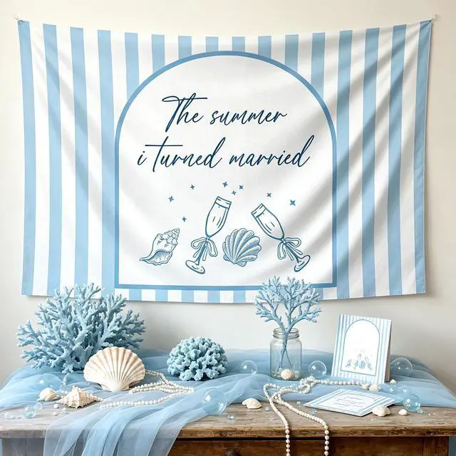 Alt view image 5 of 7 - The Summer I Turned Married Backrop Beach Coastal Bachelorette Party Decor | Coastal Beach Bridal Shower Backdrop The Summer I Turned Pretty Party Decorations Seashell Bachelorette Party Supplies