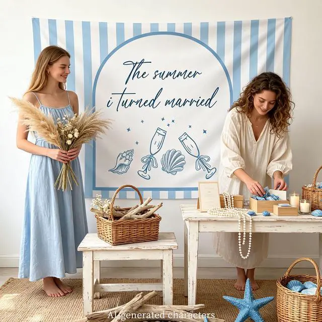 Alt view image 6 of 7 - The Summer I Turned Married Backrop Beach Coastal Bachelorette Party Decor | Coastal Beach Bridal Shower Backdrop The Summer I Turned Pretty Party Decorations Seashell Bachelorette Party Supplies
