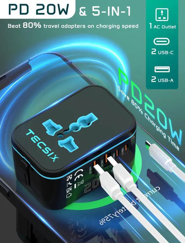 Alt view image 2 of 7 - Universal Travel Adapter Worldwide PD 20W, International Power Adapter Fast Charging with 2 USB C, 2 USB A Multi Outlets, Gan Travel Plug Adaptor for EU US UK AUS 200+ Countries