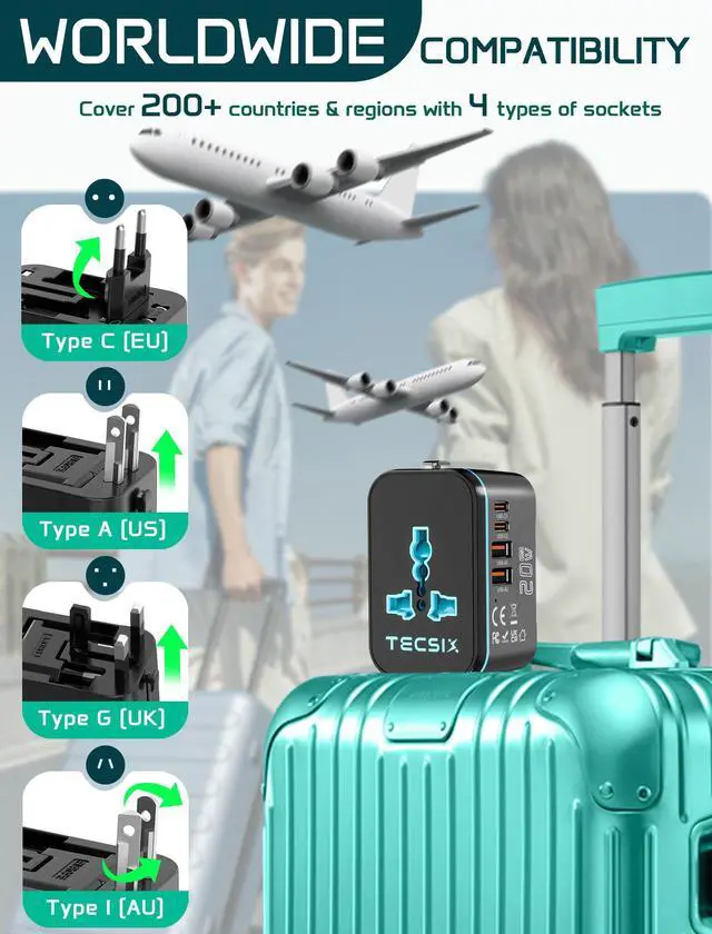 Alt view image 4 of 7 - Universal Travel Adapter Worldwide PD 20W, International Power Adapter Fast Charging with 2 USB C, 2 USB A Multi Outlets, Gan Travel Plug Adaptor for EU US UK AUS 200+ Countries