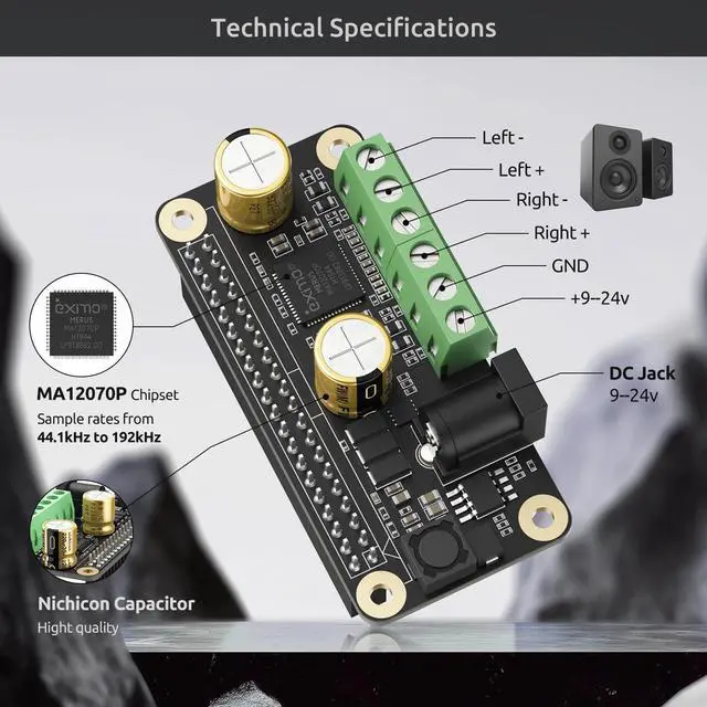 Alt view image 6 of 7 - Audio Amplifier 2x80W Peak Output Class D HiFi AMP Pro Mini Hat 192KHz/24bit MA12070P for Raspberry Pi 5/4/Zero 2W Support Volumio, MoOde, Raspbian, LibreELEC