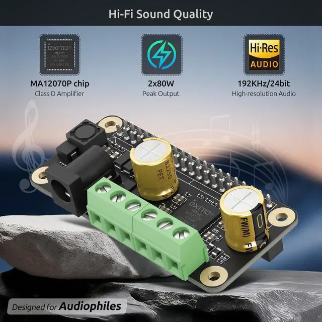 Alt view image 2 of 7 - Audio Amplifier 2x80W Peak Output Class D HiFi AMP Pro Mini Hat 192KHz/24bit MA12070P for Raspberry Pi 5/4/Zero 2W Support Volumio, MoOde, Raspbian, LibreELEC