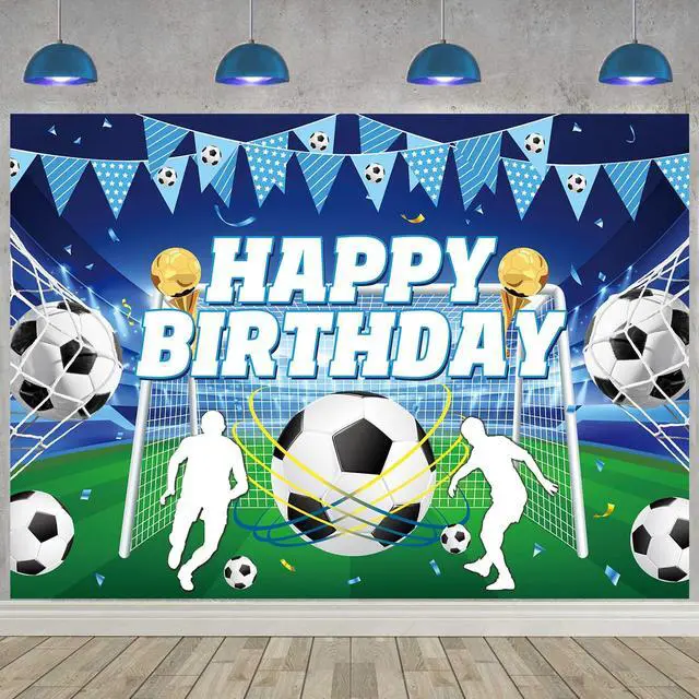 Main image of Blue Soccer Happy Birthday Backdrop Sports Themed Photography Background | 7x5ft Blue Soccer Birthday Banner for Kids Boys, Teens Fans Soccer Birthday Party Decorations Banner Supplies