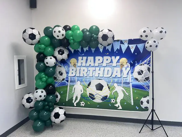 Alt view image 2 of 7 - Blue Soccer Happy Birthday Backdrop Sports Themed Photography Background | 7x5ft Blue Soccer Birthday Banner for Kids Boys, Teens Fans Soccer Birthday Party Decorations Banner Supplies