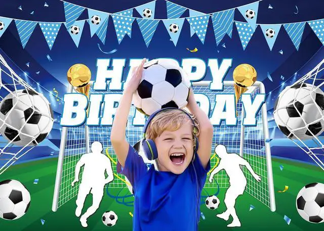 Alt view image 5 of 7 - Blue Soccer Happy Birthday Backdrop Sports Themed Photography Background | 7x5ft Blue Soccer Birthday Banner for Kids Boys, Teens Fans Soccer Birthday Party Decorations Banner Supplies