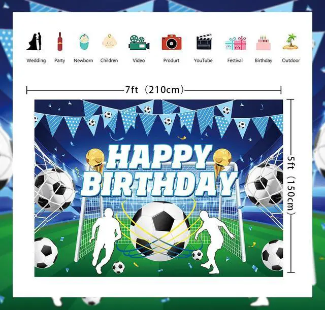 Alt view image 6 of 7 - Blue Soccer Happy Birthday Backdrop Sports Themed Photography Background | 7x5ft Blue Soccer Birthday Banner for Kids Boys, Teens Fans Soccer Birthday Party Decorations Banner Supplies