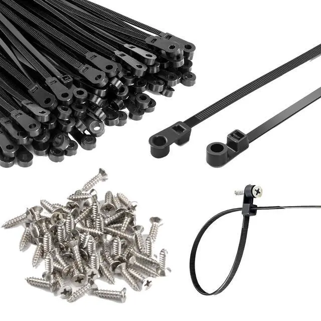 Main image of 200 PCS 10 in black zip ties, 100 screws, cable ties with screw holes 75lb | heavy duty zip tiewire tieszip ties with screw holezip tie mountszip ties with screw mounting hoblack zip tiesle