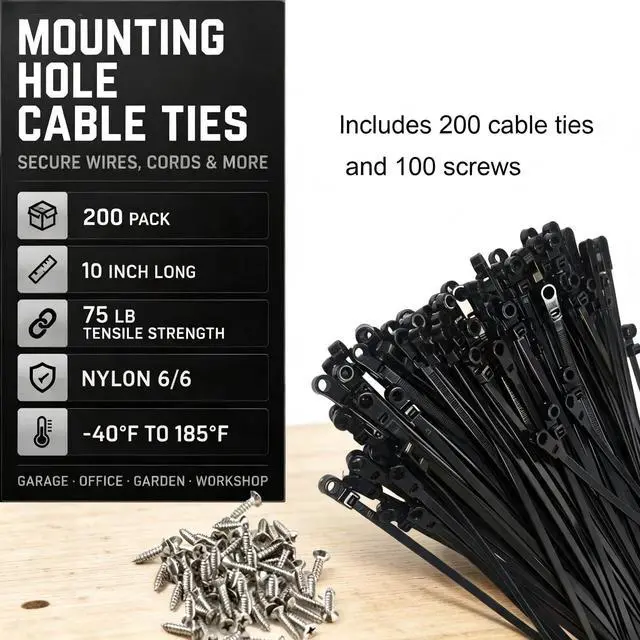 Alt view image 2 of 6 - 200 PCS 10 in black zip ties, 100 screws, cable ties with screw holes 75lb | heavy duty zip tiewire tieszip ties with screw holezip tie mountszip ties with screw mounting hoblack zip tiesle