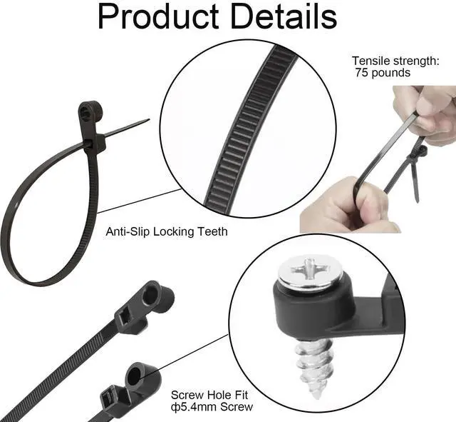 Alt view image 3 of 6 - 200 PCS 10 in black zip ties, 100 screws, cable ties with screw holes 75lb | heavy duty zip tiewire tieszip ties with screw holezip tie mountszip ties with screw mounting hoblack zip tiesle