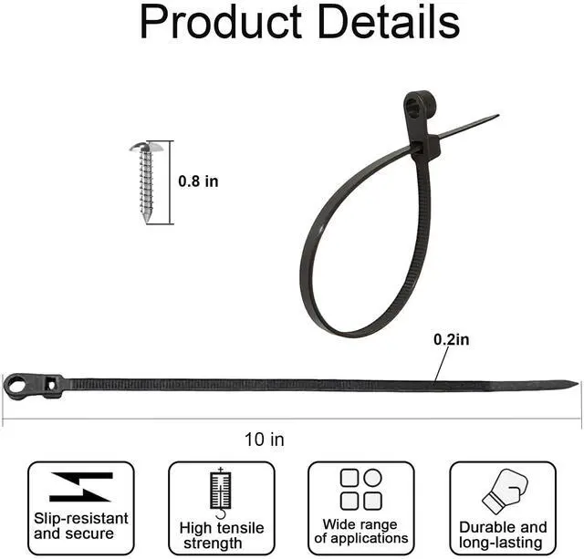 Alt view image 4 of 6 - 200 PCS 10 in black zip ties, 100 screws, cable ties with screw holes 75lb | heavy duty zip tiewire tieszip ties with screw holezip tie mountszip ties with screw mounting hoblack zip tiesle