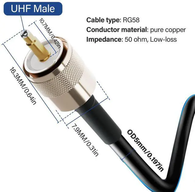 Alt view image 2 of 7 - Ham Radio CB Coax Cable 50 Ohm RG58 Coaxial Cable 50 Ft, UHF Male PL-259 Low Loss Digital Coax UHF Jumper Cable for Antenna Analyzer, SWR Meter, HF/VHF, Dummy Load with Ties