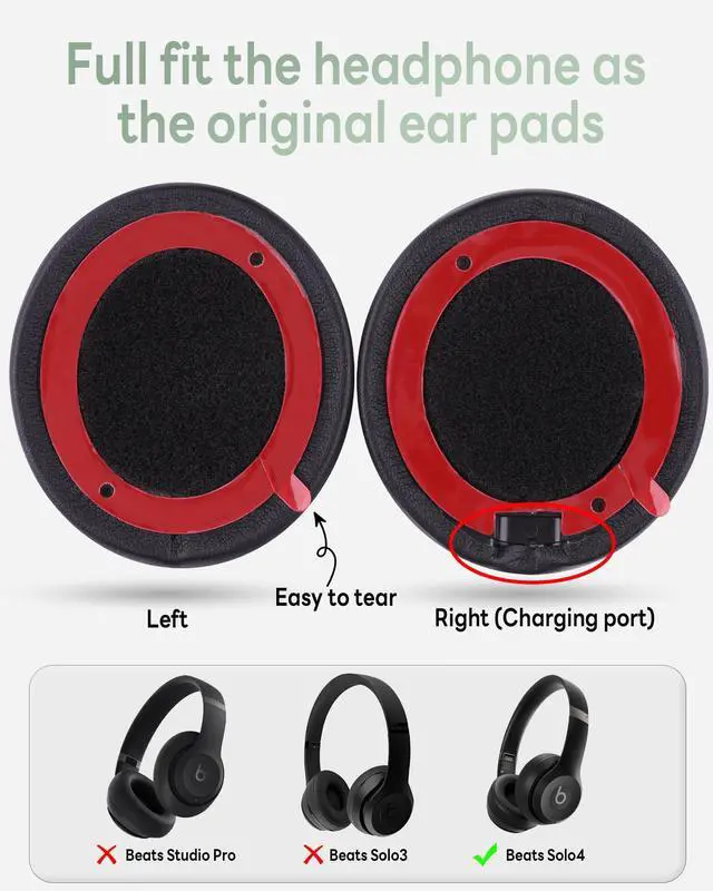 Alt view image 2 of 6 - Replacement Ear Pads for Beats Solo 4, Protein Leather, Black | Ear Pads Cushions with Soft Protein Leather and Noise Isolating Memory Foam for Beats Solo 4 Wireless On Ear Headphones