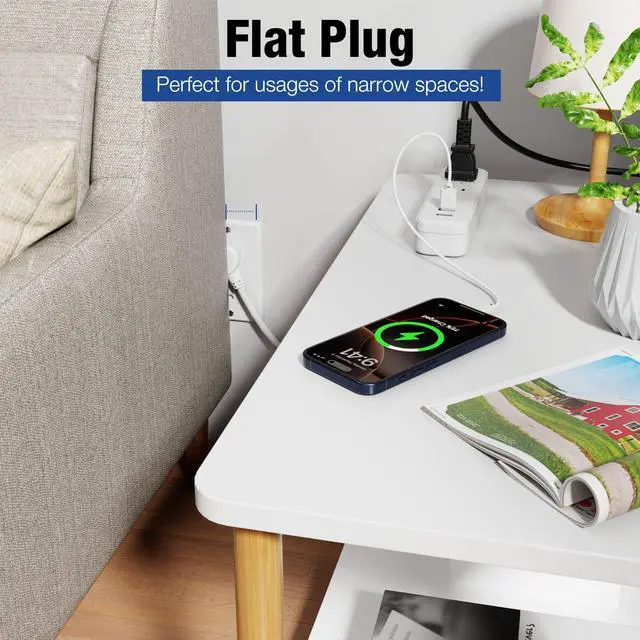Alt view image 4 of 6 - Power Strip Surge Protector Flat Plug with 3 USB Ports 2 AC Outlets | 1875W 125V 15A, 20" Extension Cord, Small, White, Wall Mountable Outlet Extender for Travel, Home, Office, College, Dorm Room