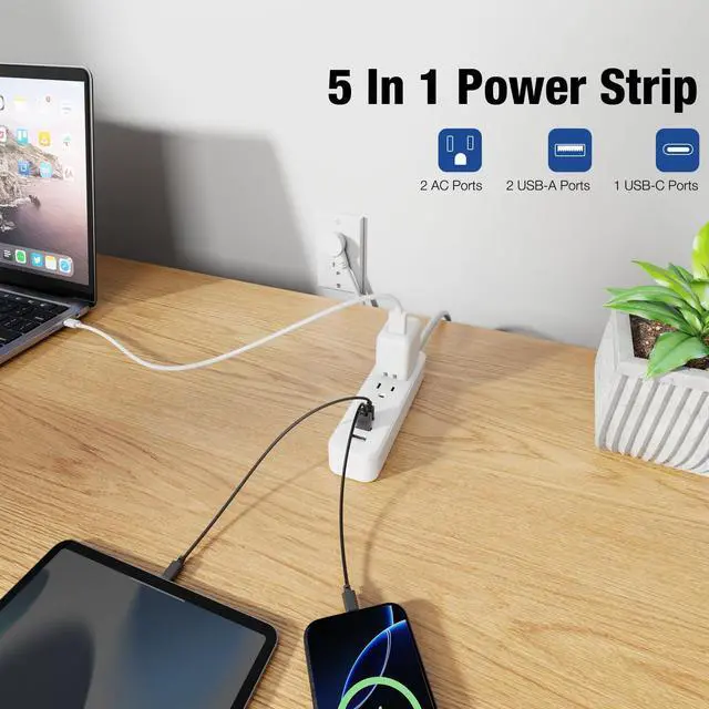 Alt view image 2 of 6 - Power Strip Surge Protector Flat Plug with 3 USB Ports 2 AC Outlets | 1875W 125V 15A, 20" Extension Cord, Small, White, Wall Mountable Outlet Extender for Travel, Home, Office, College, Dorm Room