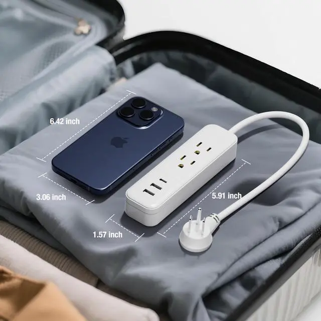 Alt view image 6 of 6 - Power Strip Surge Protector Flat Plug with 3 USB Ports 2 AC Outlets | 1875W 125V 15A, 20" Extension Cord, Small, White, Wall Mountable Outlet Extender for Travel, Home, Office, College, Dorm Room