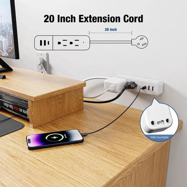 Alt view image 5 of 6 - Power Strip Surge Protector Flat Plug with 3 USB Ports 2 AC Outlets | 1875W 125V 15A, 20" Extension Cord, Small, White, Wall Mountable Outlet Extender for Travel, Home, Office, College, Dorm Room