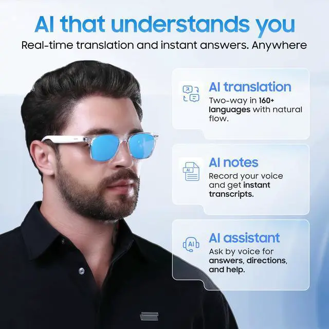 Alt view image 2 of 6 - AI Smart Glasses, Translator, Open-Ear Bluetooth Audio, Ice-Blue Lens | Real-time AI interpreter & translator, open-ear speakers, auto on/off wear sensor, touch control, for men & women