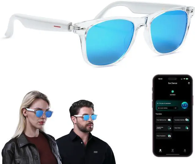 Main image of AI Smart Glasses, Translator, Open-Ear Bluetooth Audio, Ice-Blue Lens | Real-time AI interpreter & translator, open-ear speakers, auto on/off wear sensor, touch control, for men & women
