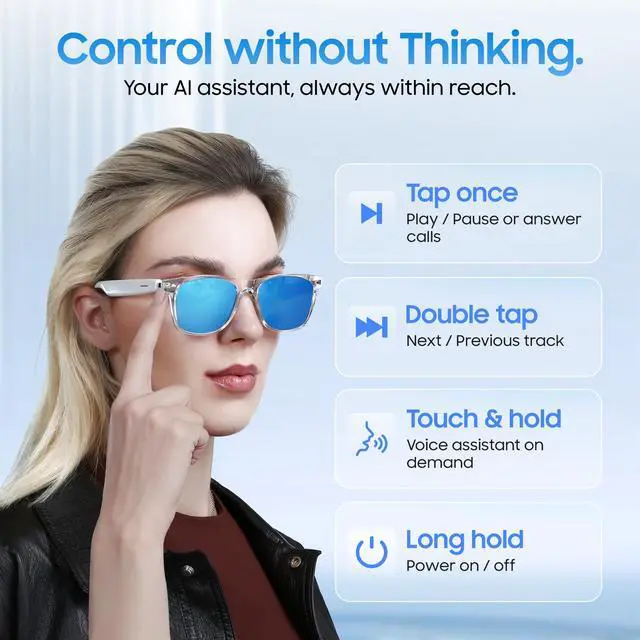 Alt view image 3 of 6 - AI Smart Glasses, Translator, Open-Ear Bluetooth Audio, Ice-Blue Lens | Real-time AI interpreter & translator, open-ear speakers, auto on/off wear sensor, touch control, for men & women